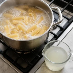Pasta boiling in a pot with reserved cooking water nearby