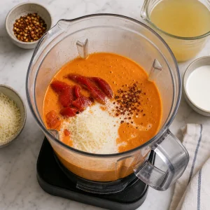 Roasted red pepper cream sauce in a blender jar