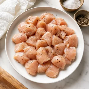 Seasoned bite-size chicken pieces on a prep plate