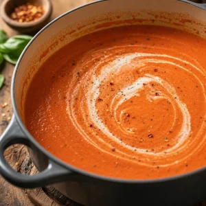 Cream swirled into smooth tomato basil soup