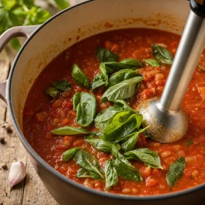 Fresh basil added to tomato soup before blending