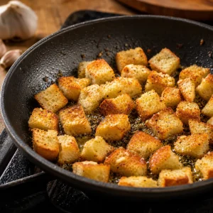 Golden garlic croutons crisping in a skillet