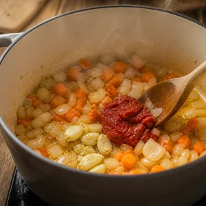 Onion, carrot, garlic and tomato paste cooking in a pot