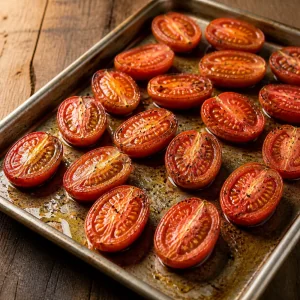 Roasted tomato halves on a baking sheet