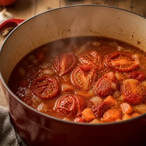 Roasted tomatoes simmering with broth in a pot