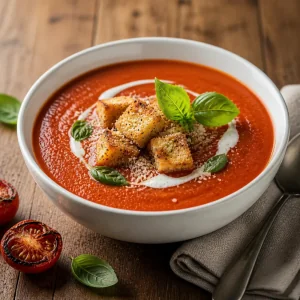 Tomato basil soup topped with croutons, cream and basil