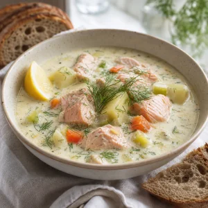 Cuenco de sopa cremosa de salmón y eneldo con limón y pan crujiente