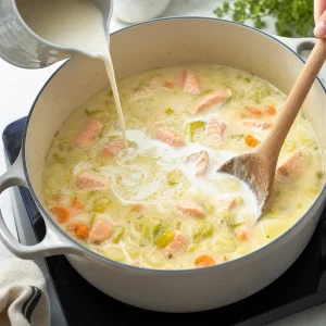 Nata incorporada a la sopa de salmón con patatas, zanahorias y puerros