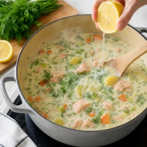 Eneldo fresco y zumo de limón mezclados en la sopa cremosa de salmón