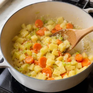 Patatas y zanahorias mezcladas con ajo, cebolla y puerros en la olla