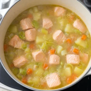 Trozos de salmón pochándose suavemente con patatas, zanahorias y puerros