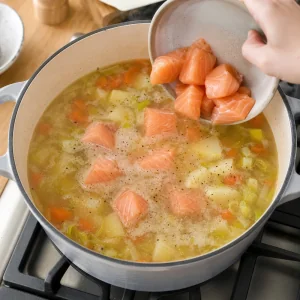 Trozos de salmón añadidos con cuidado al caldo de verduras que hierve suave