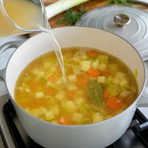 Caldo vertido sobre patatas, zanahorias, puerros y una hoja de laurel para sopa de salmón