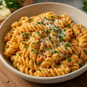 Creamy spicy Alfredo fusilloni garnished with parsley and extra Parmesan