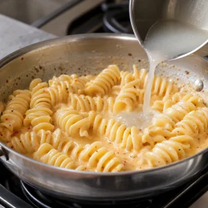 Drained fusilloni tossed with creamy spicy Alfredo sauce and pasta water