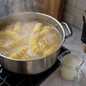 Fusilloni pasta boiling in salted water with reserved pasta water nearby