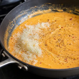 Parmesan melting into smooth spicy Alfredo sauce with pepper and chili flakes
