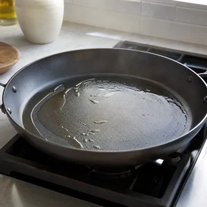 A skillet heats with a thin sheen of olive oil for crisp sandwiches.