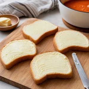 Buttered bread slices prepared on a board for grilled cheese.