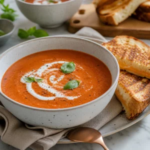 Creamy tomato basil soup served with grilled cheese for dipping.