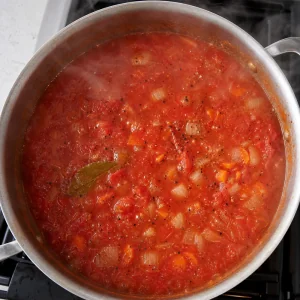 Crushed tomatoes and broth simmering with vegetables and a bay leaf.