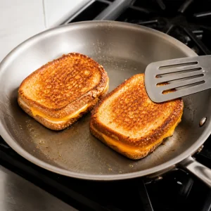 Grilled cheese sandwiches cook until golden with melted cheddar.