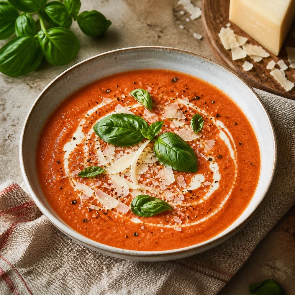 Kremowa zupa pomidorowa z parmezanem i świeżą bazylią