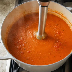 Tomato soup blended smooth with an immersion blender in the pot