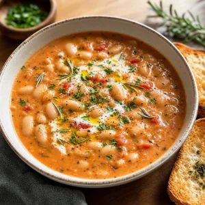 Bowl of creamy tomato rosemary bean soup with white beans and toasted bread