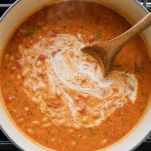 Sahne zieht Schlieren in der Tomaten-Bohnensuppe im Topf