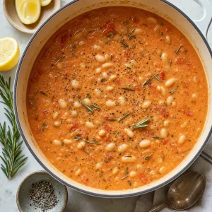 Cremige Tomaten-Bohnensuppe mit Zitronensaft, Pfeffer und Rosmarin abgeschmeckt