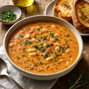 Fertige Schale cremige Bohnensuppe mit Petersilie, Olivenöl und Toast