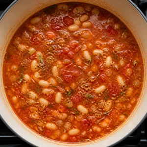 Tomatenbrühe mit Cannellini-Bohnen und Rosmarin beginnt sanft zu kochen