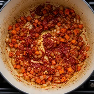 Tomatenmark wird mit Zwiebel, Karotte und Knoblauch im Topf verrührt