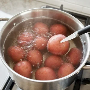 Patate rosse in cottura controllate con un coltellino