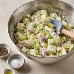 Insalata di patate cremosa mescolata delicatamente in una ciotola