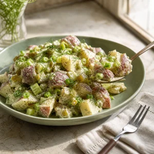 Cremiger veganer Kartoffelsalat mit Dill, Gurken, Sellerie, Apfel und Frühlingszwiebeln