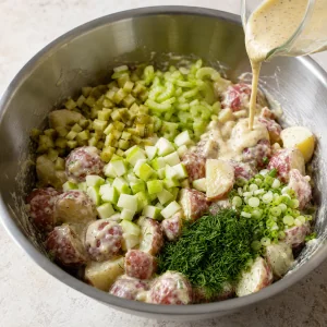 Salsa versata sulle patate e sugli ingredienti freschi dell’insalata