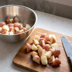Patate rosse cotte e calde tagliate a pezzi
