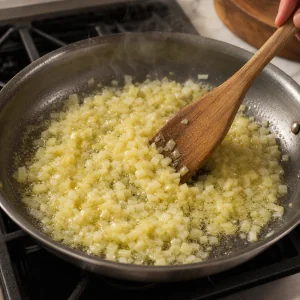 Gehackte Zwiebel wird in Olivenöl und Butter in einer Pfanne weich gedünstet.