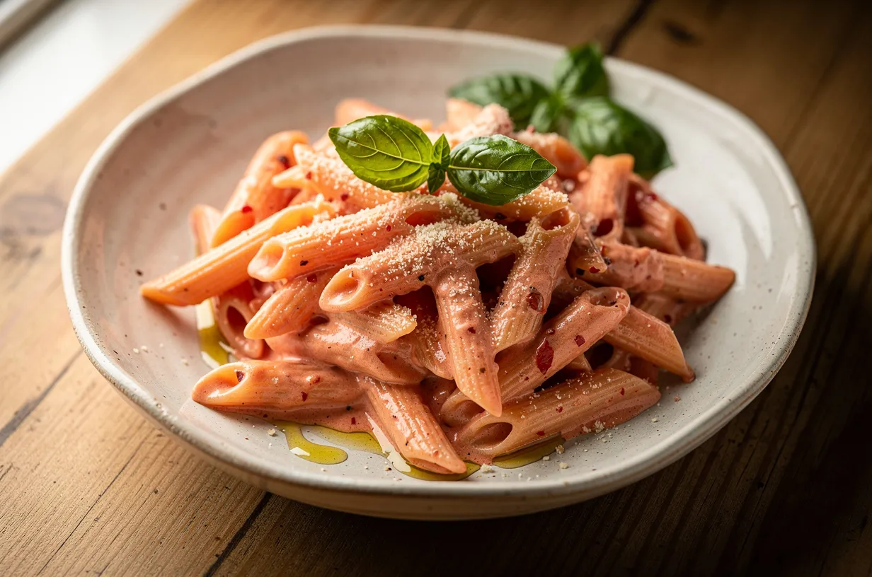 Pasta cremosa con vodka, tomates San Marzano y albahaca