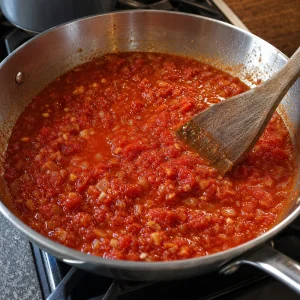 Zerdrückte San-Marzano-Tomaten köcheln mit Zwiebel und Knoblauch zu einer dickeren Sauce.