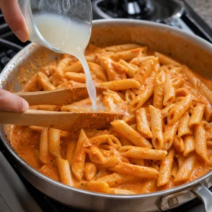 Abgegossene Penne werden mit cremiger Vodka-Sauce und Nudelwasser geschwenkt, bis alles bedeckt ist.