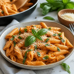 Fertige cremige Vodka-Penne mit gezupftem Basilikum, Parmesan und einem Basilikumzweig serviert.