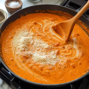 Sahne und Parmesan werden in die Tomatensauce gerührt, bis sie glänzend rosa-orange ist.