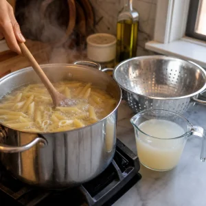 Penne kochen in Salzwasser, daneben steht Nudelwasser für cremige Vodka-Pasta bereit.