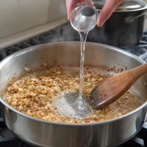 Vodka wird in die Pfanne gegossen und eingekocht, während gebräunte Röststoffe gelöst werden.