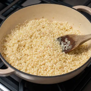 Arborio rice toasted with shallots until the grains turn glossy.