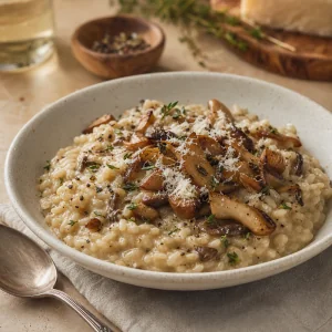 Served mushroom risotto topped with reserved mushrooms and extra Parmesan.