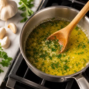 Warm broth gently simmering in a saucepan for mushroom risotto.